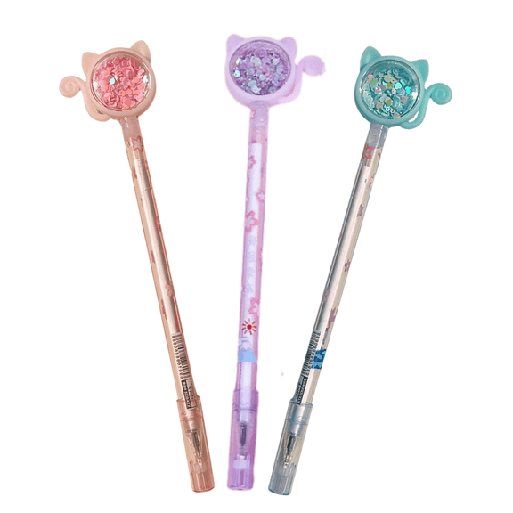Toki Dreams 3 Pack Cat Glitter Journaling Black Ink Gel Pens, Kawaii Stationery