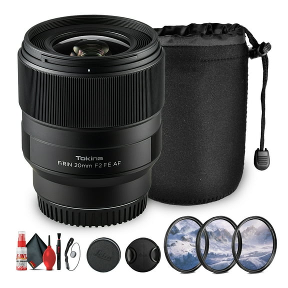 Tokina FiRIN 20mm f/2 FE AF Lens for Sony E-Mount | Full-Frame Wide-Angle Prime | f/2 Aperture | Fast Autofocus (FRN-AF20FXSE) + Lens Filter Kit + Cleaning Kit + Pouch + Cap Keeper