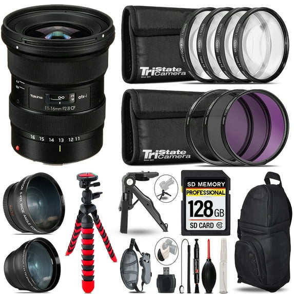 Tokina atx-i 11-16mm f/2.8 CF Lens (Canon) - 3 Lens Kit + Tripod + Backpack - 128GB Accessory Bundle (International Version)