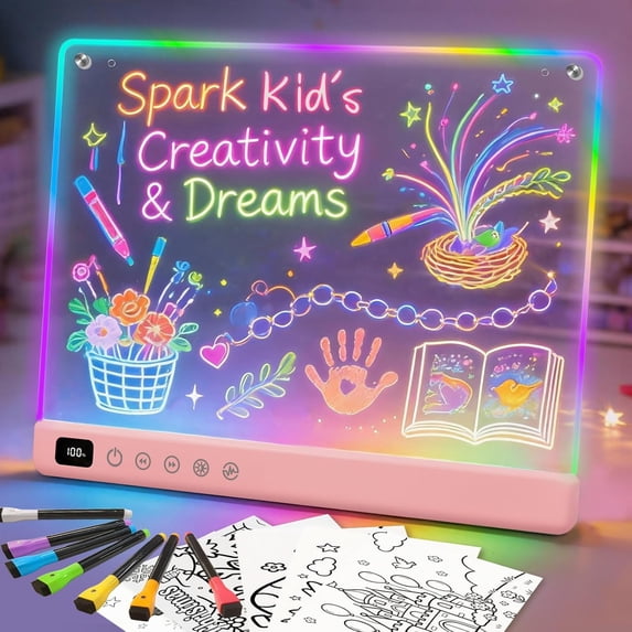 TOKKY LED Drawing Board, 16" Rechargeable Glow Drawing Pad for Kids, 9 Colors Glow Doodle Board, Pink