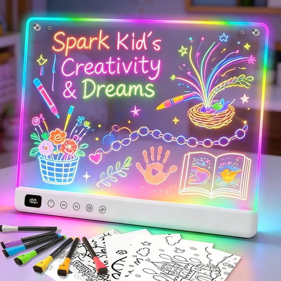 TOKKY Kids LED Glow Drawing Tablet, 3600mAh Rechargeable Light Up Doodle Board with Front & Rear Lights, 3 Brightness Levels & Stand,White
