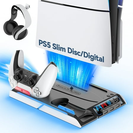 Tokluck PS5 Slim Cooling Stand with Charging Station, PS5 Accessories for Playstation 5 Slim Disc & Digital Console, Dual Controller Charger for Dualsense & Edge Controller