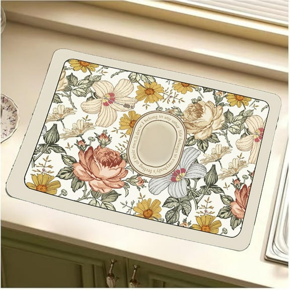 Toknforaerd Draining Mat - Quick Dry, Fantasy Style Draining Mat For Kitchen Sink, Kitchen Super Absorbent Drain ing Mats, Vintage Floral Plates Non-Slip Drain Pad, Easy to Clean