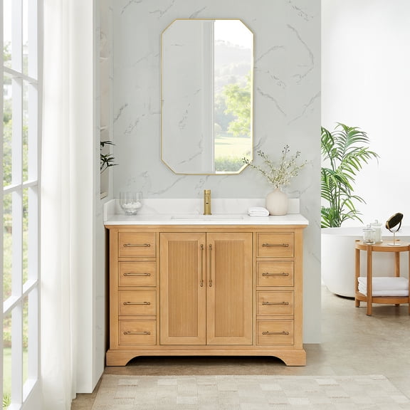 Tokyo 48" Single Bath Vanity in Oak Natural Brown with White Quartz Stone Top