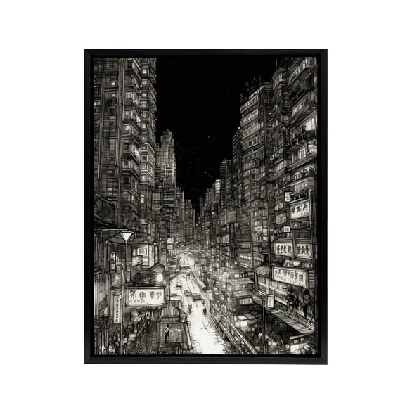 Tokyo At Night Japan Cityscape Sketch Black Framed Canvas Wall Art Print 18X24"