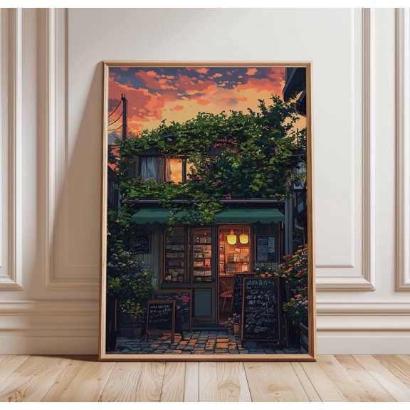 Tokyo Cafe Art Print, Sunset Alley Poster, Japanese Street Print, Urban Coffee Shop, Japanese Evening Decor, Lantern Lights, Tokyo Café Art, Poster Only