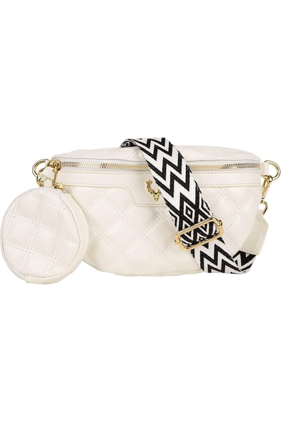 Quilted Bag with Adjustable Strap - White Women's Crossbody Belt Bag for Travel, Small Fanny Pack