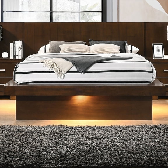 The Tokyo Cappuccino Wood Queen LED Panel Bed Boasts a Cozy and Sophisticated Look with Brown Finish and LED