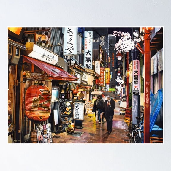 Tokyo City Street Rain Storm Colorful Neon Reflection Photography Wall Art, Unframed Canvas