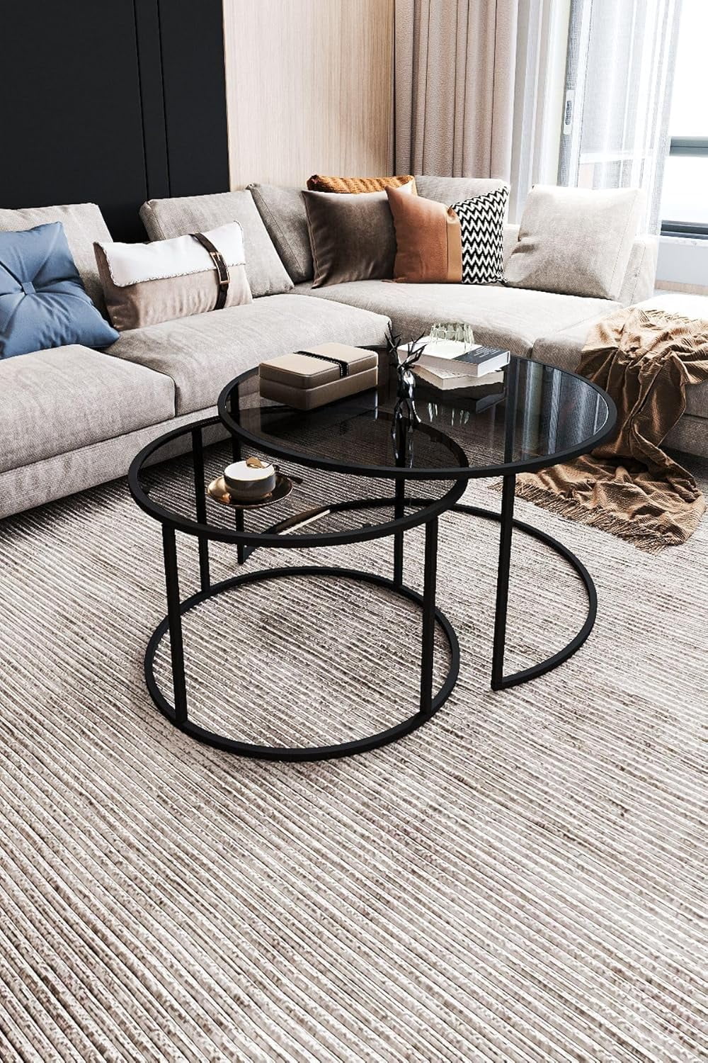 Tokyo Coffee Table 60Cm 2 Sets of Round Smoked Glass Coffee Table Set ...