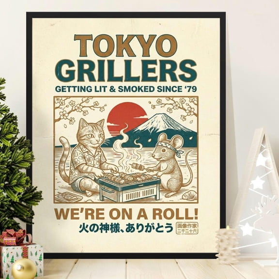 Tokyo Grillers Cat Mouse Art Print, Japanese BBQ Retro Poster, Foodie Kitchen Wall Art Unframed Paper Print