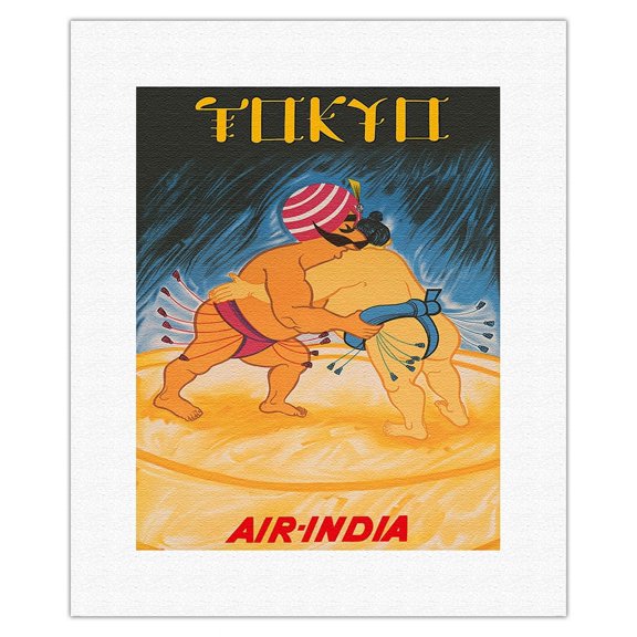Tokyo Japan - Air India - Maharajah vs Japanese Sumo Wrestler - Vintage Airline Travel Poster by Umesh Rao c.1965 - Fine Art Rolled Canvas Print 11in x 14in