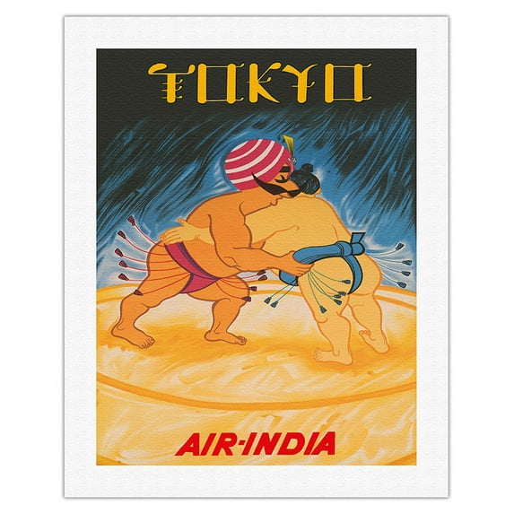 Tokyo Japan - Air India - Maharajah vs Japanese Sumo Wrestler - Vintage Airline Travel Poster by Umesh Rao c.1965 - Fine Art Rolled Canvas Print 20in x 26in
