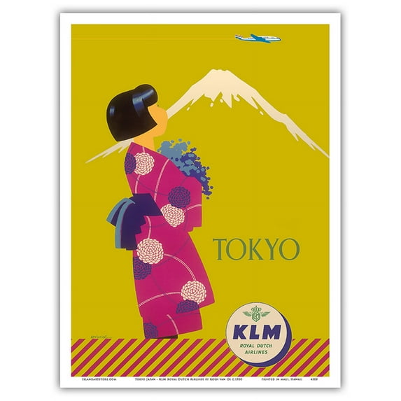 Tokyo Japan - KLM Royal Dutch Airlines - Vintage Airline Travel Poster by Koen van Os c.1950 - Master Art Print (Unframed) 9in x 12in