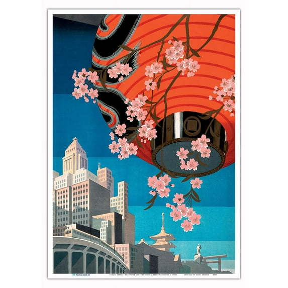 Tokyo Japan - Red Paper Lantern with Cherry Blossoms - Vintage Travel Poster c.1930s - Master Art Print 10in x 14in