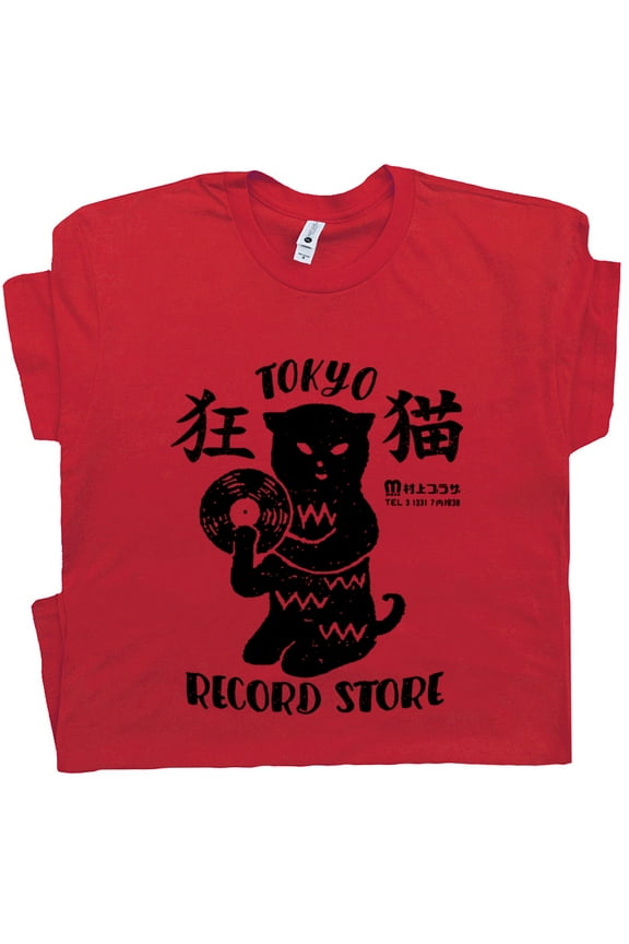 Tokyo Japan Shirt Vintage Record Store Shirts Cute Black Cat Vinyl Record Player Graphic Tee for Men Women Retro Music Theme