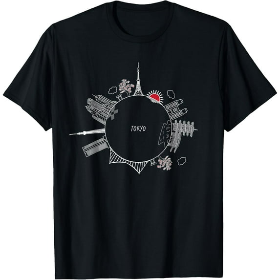 Tokyo Japan Tiny Planet Landmarks & Cherry Blossoms Japanese T-Shirt men and women can wear, black, white, gifts