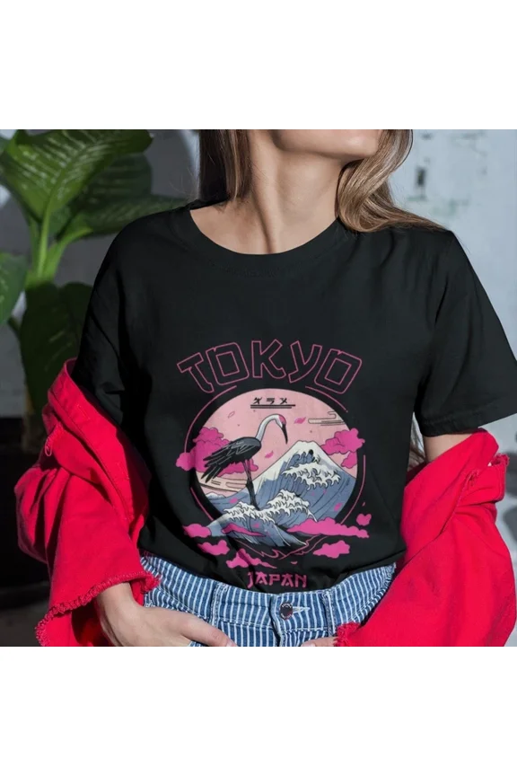 Tokyo Japan Wave Crane Retro Graphic T-shirt