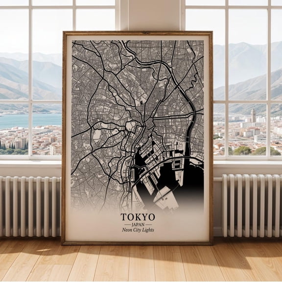 Tokyo Monochrome Map Line Wall Art Decor Unframed Paper Print