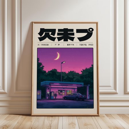 Tokyo Night Gas Station Poster, Synthwave Japanese Street Illustration, Vaporwave Car Wall Art Print, Poster Only