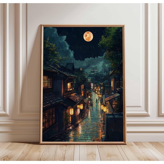 Tokyo Night Street Art Print Rainy Tokyo Decor Full Moon Poster Japanese Cityscape Urban T