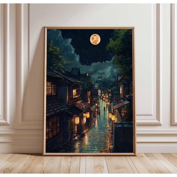 Tokyo Night Street Art Rainy Tokyo Full Moon Japanese Cityscape Unframed Paper Print