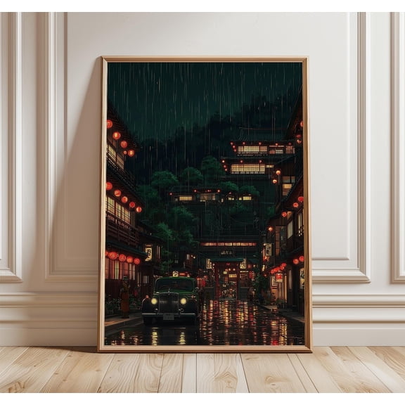 Tokyo Night Street Japanese Lantern City Rain Cinematic Wall Art Unframed Paper Print