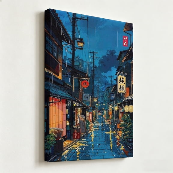 "Tokyo Rain" Cyberpunk Anime Canvas Art, Traditional Japanese Alleyway at Night Print, Matte Finish Gallery Wrapped Modern City Wall Decor 8*12