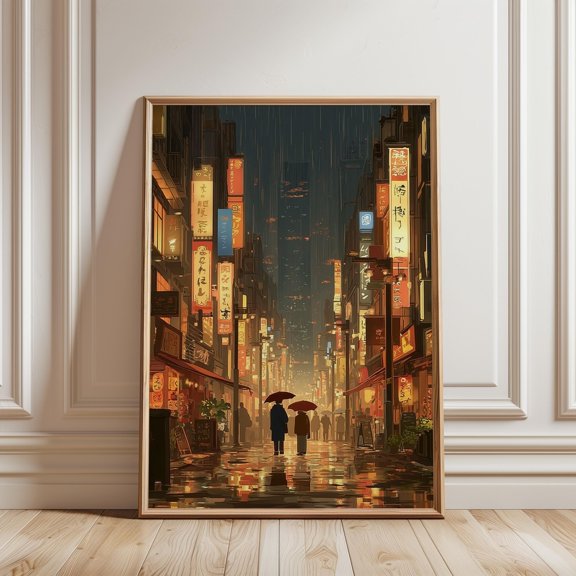 Tokyo Rain Street Art Poster, Japanese Night City Street Scene Decor, Poster Only