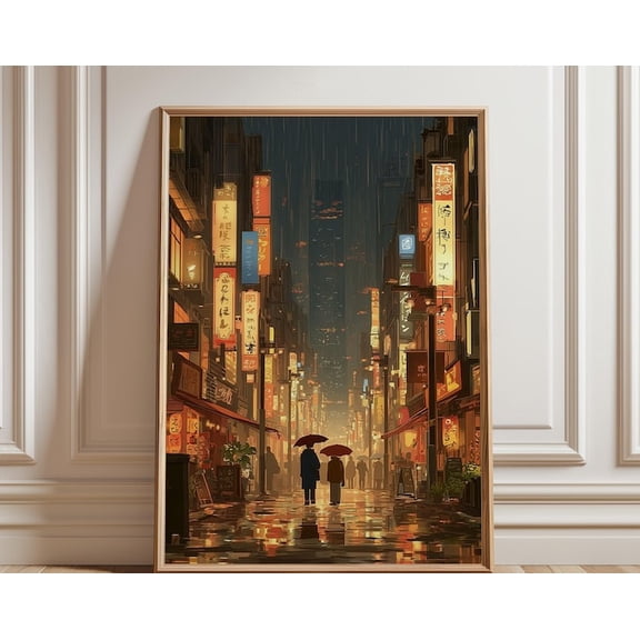 Tokyo Rain Street Japanese Night City Street Scene Wall Art, Unframed Paper Poster 24x36in