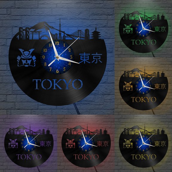 Tokyo Samurai Spirit City View Vinyl Record Wall Clock for Kitchen Wall Decor Wall Art Gift for Lover Gift Idea for a Best Friend(B,with LED)