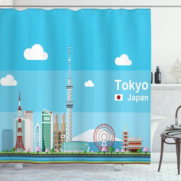 Tokyo Shower Curtain, Cartoon Style Japan Sightseeing Themed Elements City Landmarks Modern Architecture, Fabric Bathroom Set with Hooks, 69W X 70L Inches, Multicolor, by Ambesonne