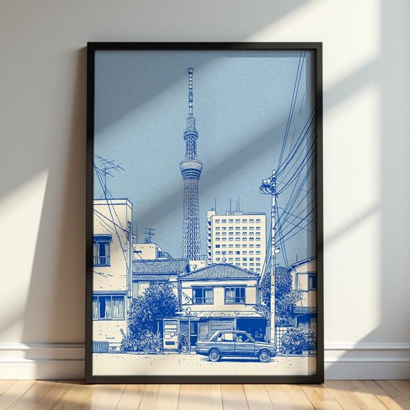 Tokyo Skytree Blue Ink Japanese Cityscape Wall Art Unframed Paper Print