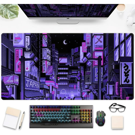 Tokyo Street Desk Pad Purple, Cute Retro Large Gaming Mouse Pad, Japanese Anime Laptop Keyboard Mouse Mat XXL, Aesthetic Neon Pixel Skyline/City Desk Mat, Desk Decor Pads for Women 31.5"x15.7"