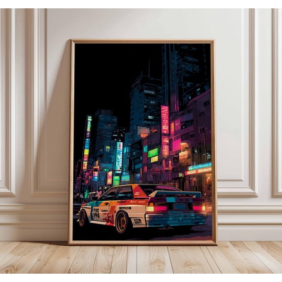 Tokyo Street Racing Japanese Night City Neon Cyberpunk Car Decor, Unframed Poster
