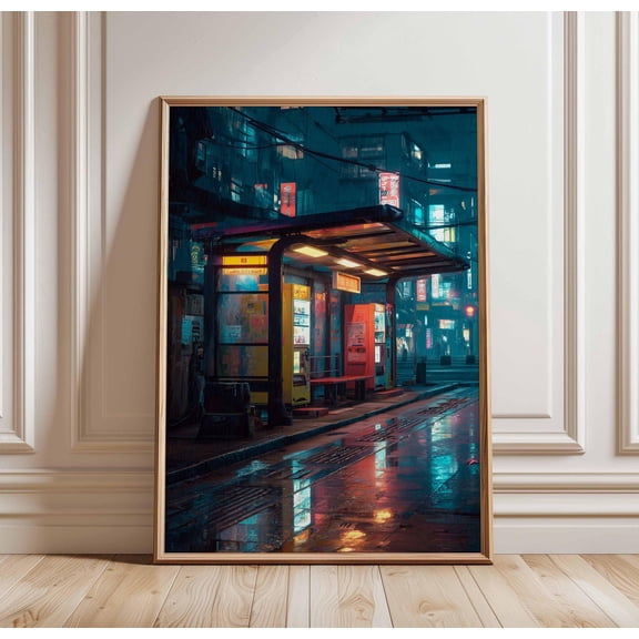 Tokyo Street Wall ArtCyberpunk Vending Machine Poster Neon Rain Night Scene Print Futurist