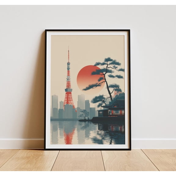 Tokyo Tower Japandi Print, Red Sun Japanese Cityscape Unframed Paper Print