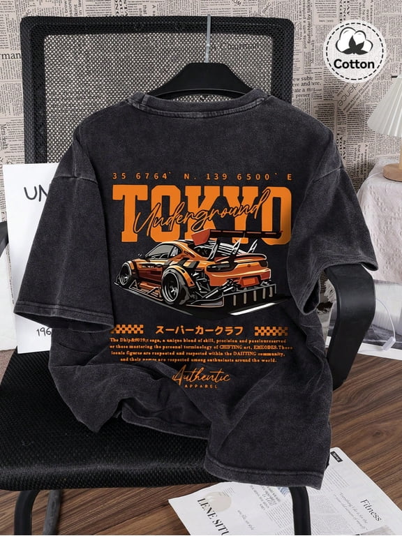Tokyo Underground Orange Sports Car Graphic Vintage Oversized Washed High Street Grunge Y2K Short Sleeve Crewneck Cotton Unisex Men's Women's Tee Shirt