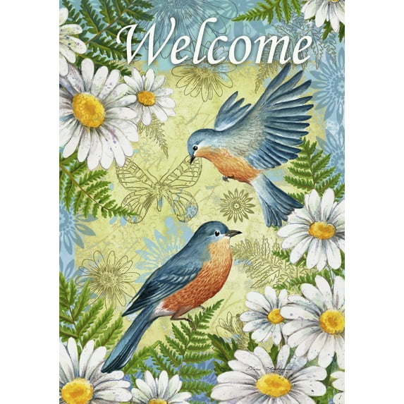 Toland Home Garden Bluebirds & Daisies Bird Welcome Flag Double Sided 12x18 Inch