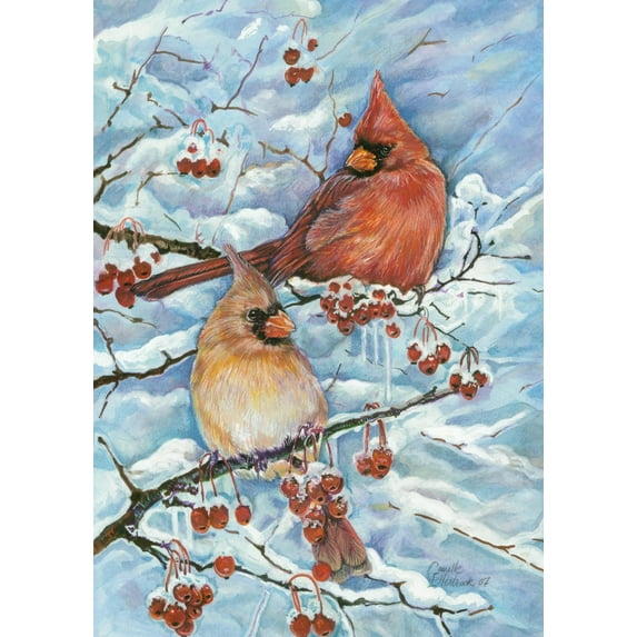 Toland Home Garden Cardinals & Berries Bird Winter Flag Double Sided 28x40 Inch