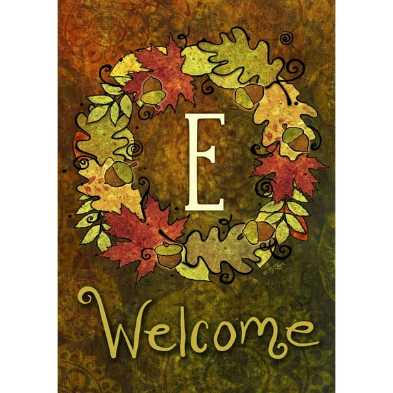 Toland Home Garden Fall Wreath Monogram E Personalized Fall Flag Double Sided 28x40 Inch