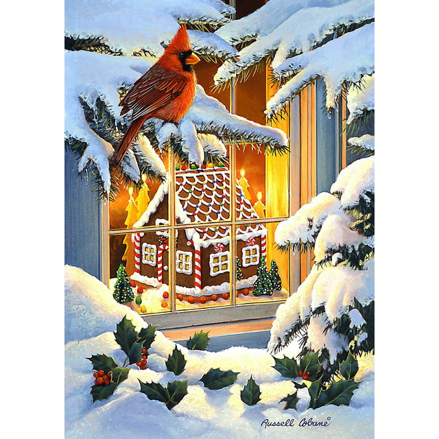 Toland Home Garden Gingerbread House Cardinal Bird Christmas Winter Flag Double Sided 12x18 Inch