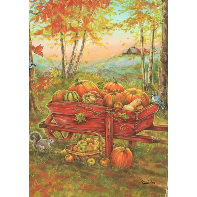Toland Home Garden Harvest Wheel Barrow Pumpkin Fall Flag Double Sided 12x18 Inch