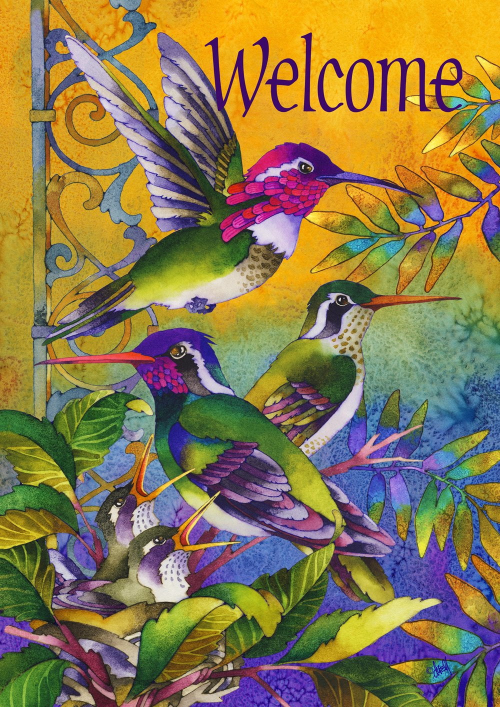Vibrant Multicolor Hummingbird Welcome Garden Flag