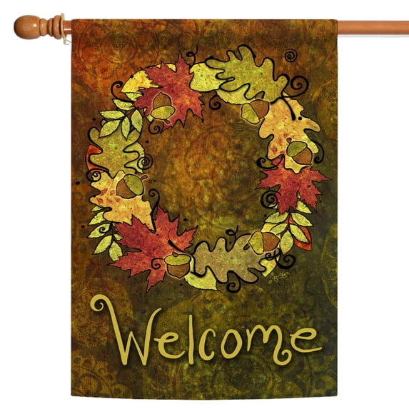 Toland Home Garden Leaf Wreath Welcome Fall Flag Double Sided 28x40 Inch