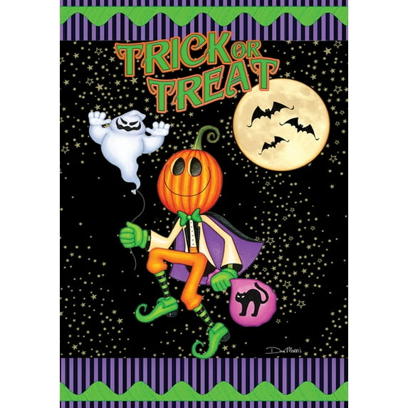 Toland Home Garden Green and Orange Trick or Treat Pumpkin Head Halloween Outdoor Garden Flag 18" x