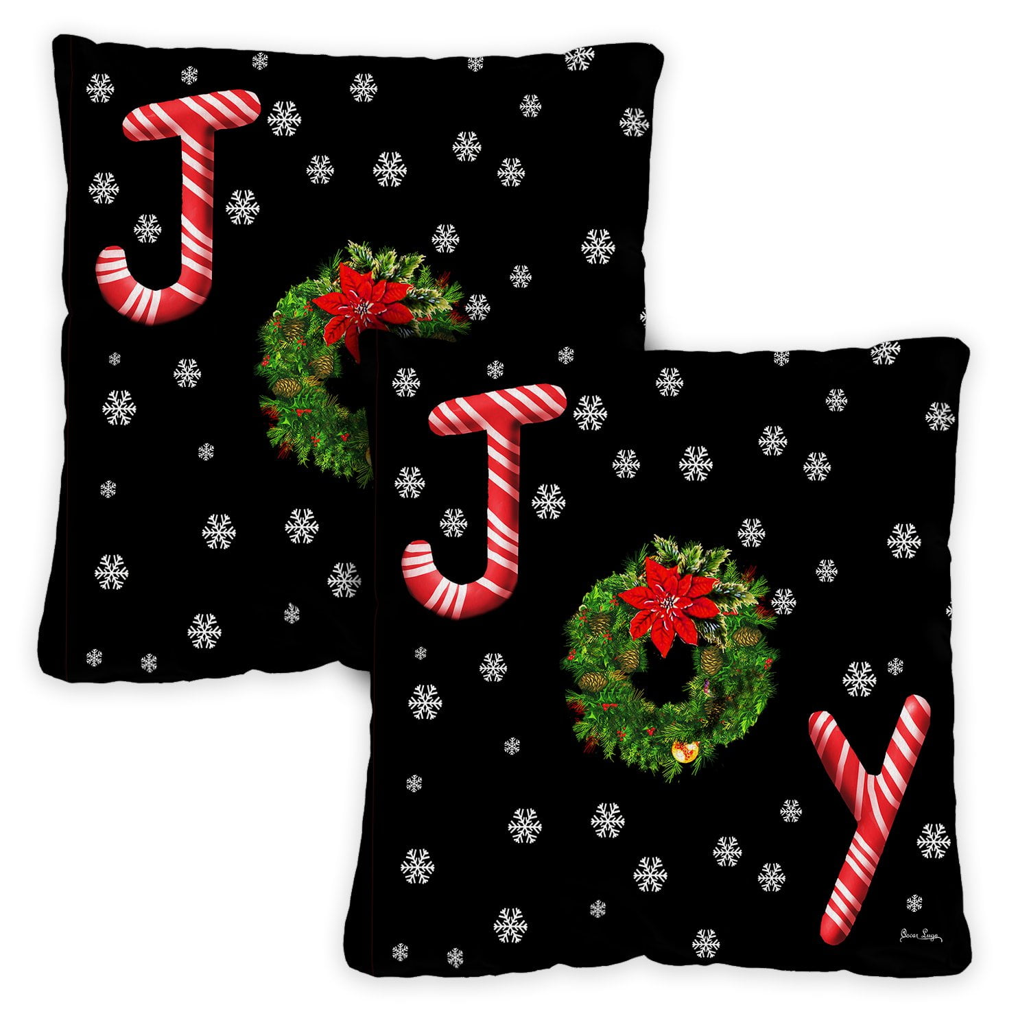 Joy Wreath Black Polyester Square Pillowcases, Set of 2