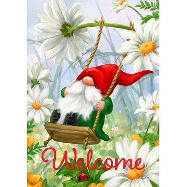 Toland Home Garden Welcome Swing Gnome Daisy Spring Flag Double Sided 28x40 Inch