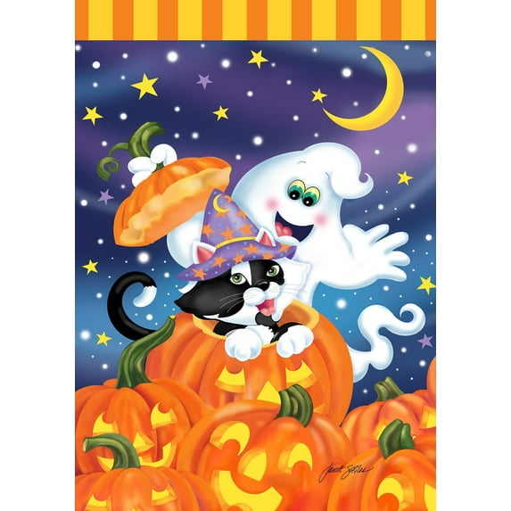 Toland Home Garden Witch Kitty Jack O Lantern Halloween Flag Double Sided 28x40 Inch
