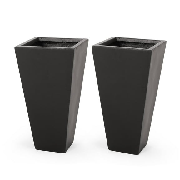 Toland Outdoor Modern Small Cast Stone Planters, Set of 2, Black